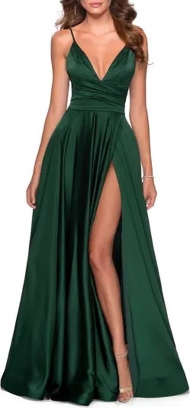 La Femme Emerald Green Satin A-Line V-Neck Front Slit Prom Formal Gown 2